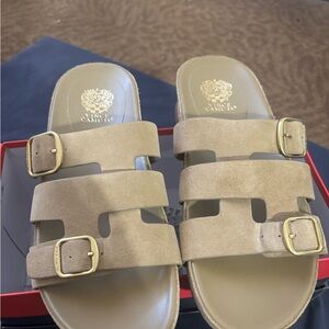 Vince Camuto Tan Suede Triple-Strap Slide Sandals with Gold Buckles